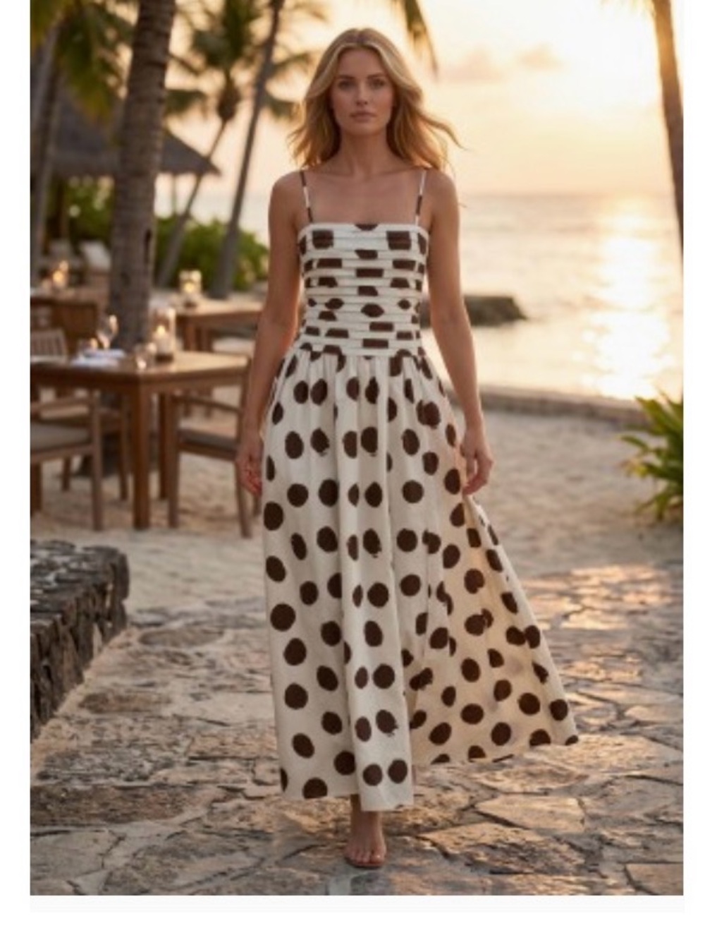 White Maxi Dress with Brown Polka Dots - Spaghetti Strap